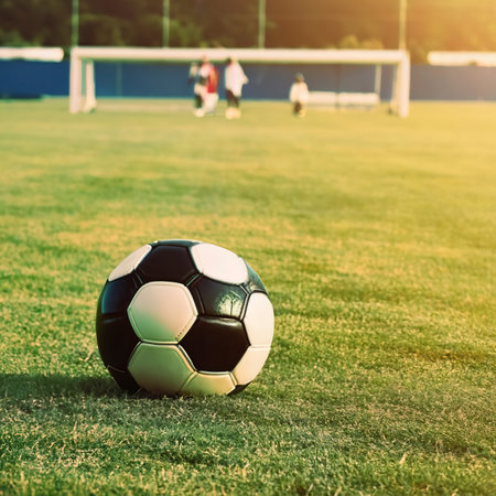 Soccer shoes and football on the green grassの素材