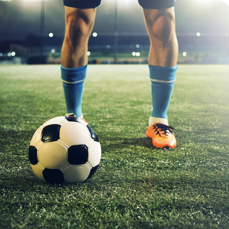 Soccer shoes and football on the green grassの素材