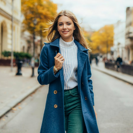 young beautiful stylish woman walking in street in blue coat, autumn fashion trend, smilingの素材