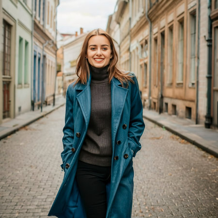 young beautiful stylish woman walking in street in blue coat, autumn fashion trend, smilingの素材