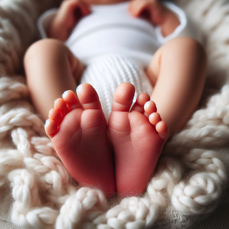 Newborn baby feet on a white blanketの素材