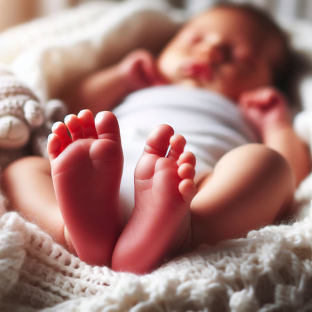 Newborn baby feet on a white blanketの素材