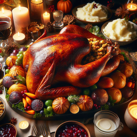 Roasted turkey on holiday tableの素材