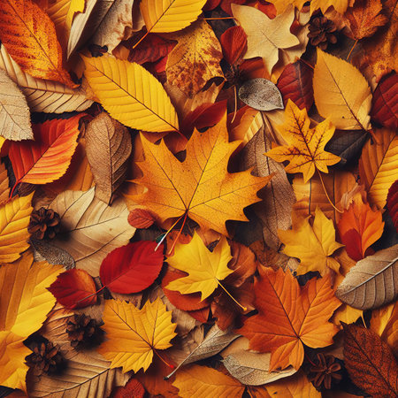 Yellow and orange autumn leaves texture on the ground, fall natureの素材