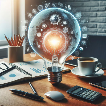 A bright light bulb on work table. Concept of a startup that drives the economy, finance, bankingの素材