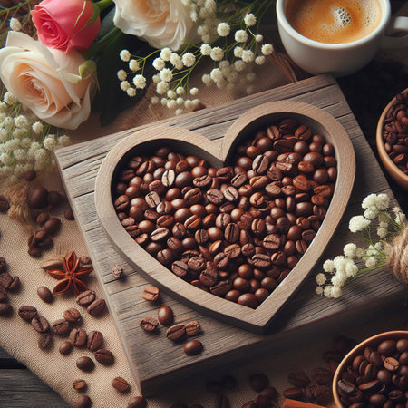 A heart of coffee beans on the table and flowersの素材