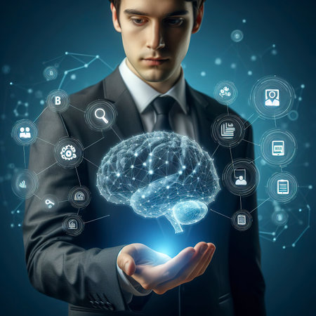 Businessman holding abstract brain and icon tools, deviceの素材
