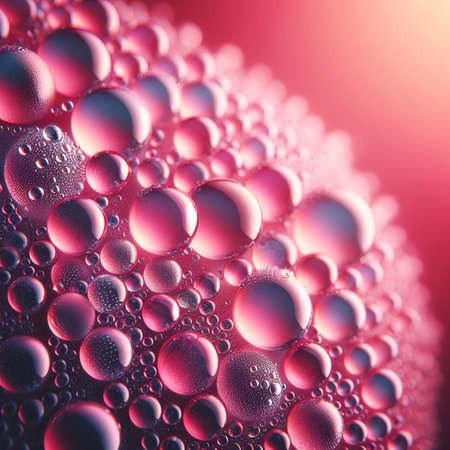 Close up water drops on pink background, Water drop in macro photographyの素材