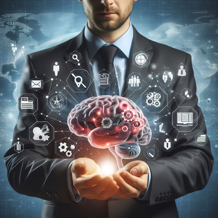 Businessman holding abstract brain and icon tools, deviceの素材