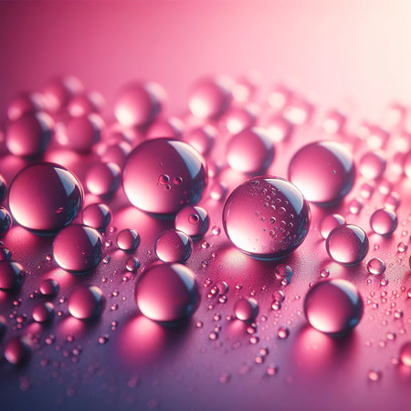 Close up water drops on pink background, Water drop in macro photographyの素材