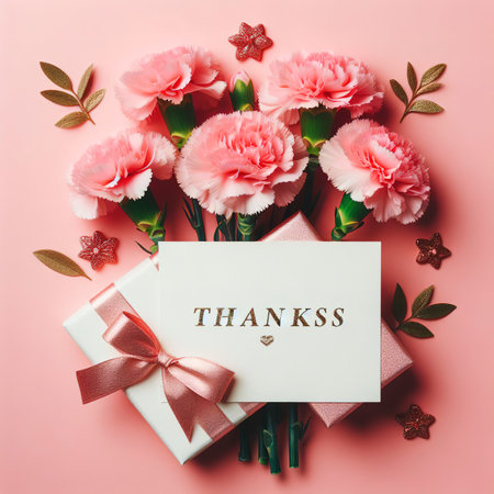 fresh elegant carnation flower bouquet with white greeting thanks gift cardの素材