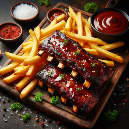 Hot grilled spare ribs with barbecue sauce on cutting board and black backgroundの素材