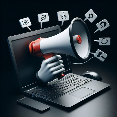 Megaphone on laptop screen, black backgroundの素材