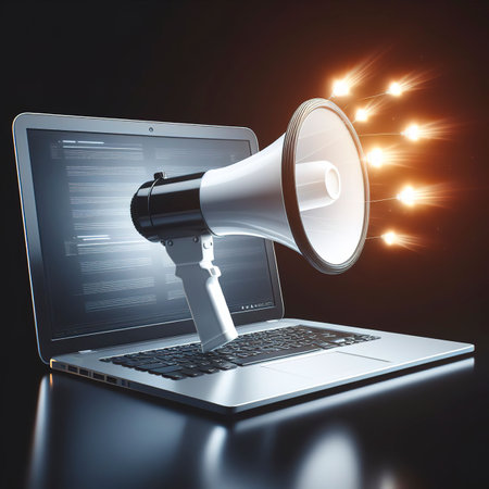Megaphone on laptop screen, black backgroundの素材