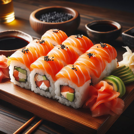Salmon and rice sushi rolls on wooden table at restaurantの素材