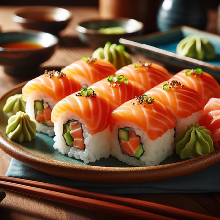 Salmon and rice sushi rolls on wooden table at restaurantの素材