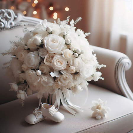 tender white bouquet stands on a little sofaの素材