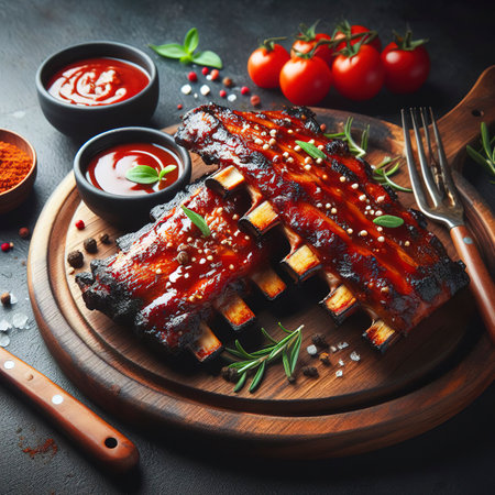 Hot grilled spare ribs with barbecue sauce on cutting board and black backgroundの素材