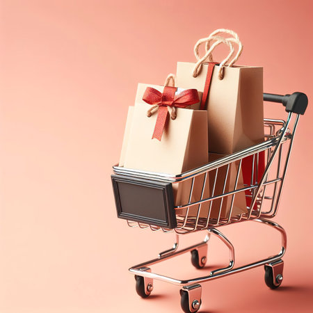 mini black shop cart trolley full of paper bag gift isolated on pale red backgroundの素材