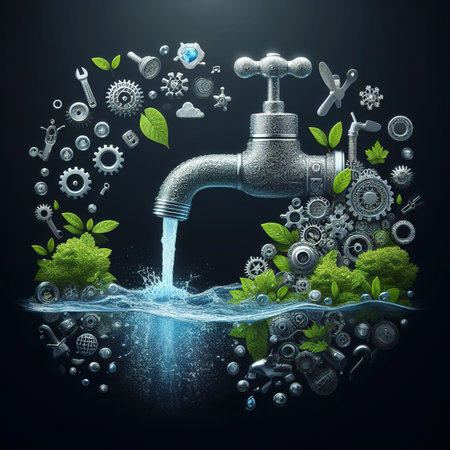 Good water management ideas make us have water to use forever. faucet with running water On a black background there is a copy spaceの素材