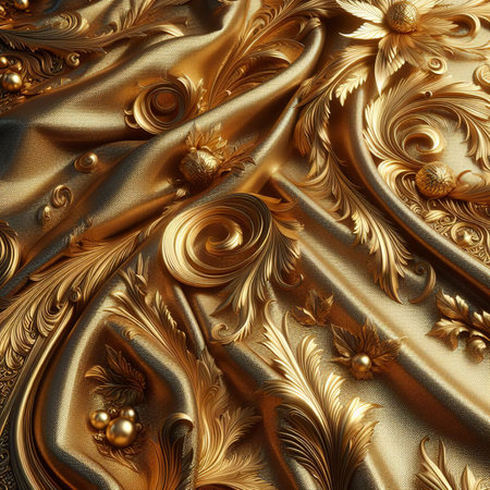 Golden ornate cloth gold leaf crumpled gold surface abstract background 3d illustrationの素材