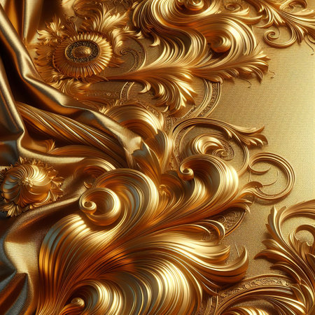 Golden ornate cloth gold leaf crumpled gold surface abstract background 3d illustrationの素材