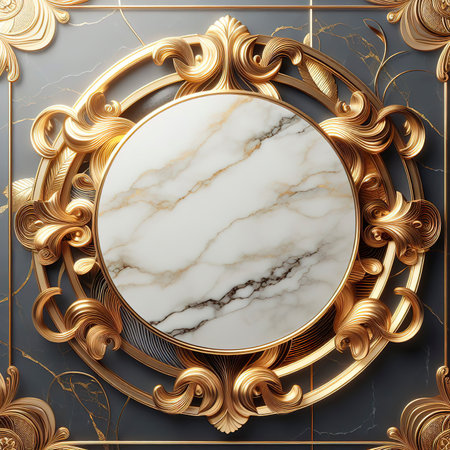 Golden circle frame and marble pattern Background for placing text and products 3D illustrationの素材