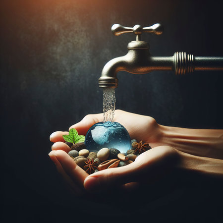 Good water management ideas make us have water to use forever. faucet with running water On a black background there is a copy spaceの素材