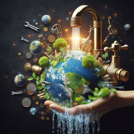 Good water management ideas make us have water to use forever. faucet with running water On a black background there is a copy spaceの素材
