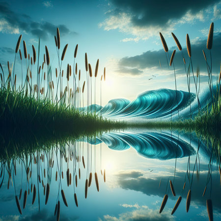 grass sky reflection wave blue mirror green grassの素材