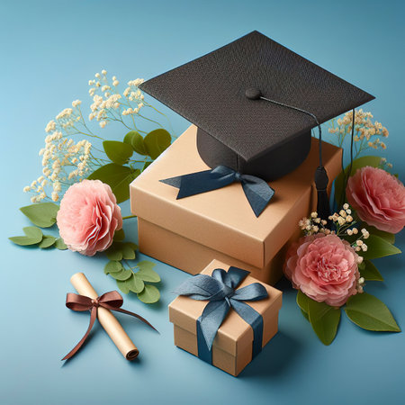 Graduation hat , brown paper gift box and flower against blue background, Congratulation graduated concepts with copy spaceの素材
