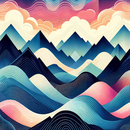 Mountain range backdrop with abstract wave pattern in multi colored designの素材