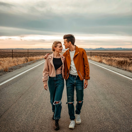 A 9039s style couple in love on road photographyの素材