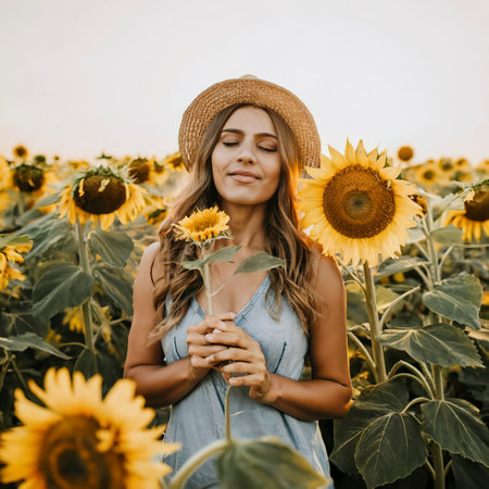 Beautiful woman posing with sunflowerの素材