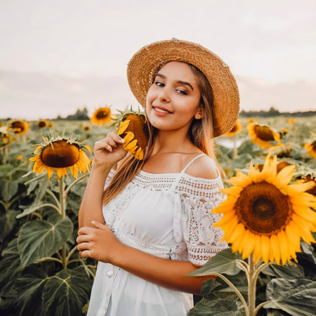 Beautiful woman posing with sunflowerの素材