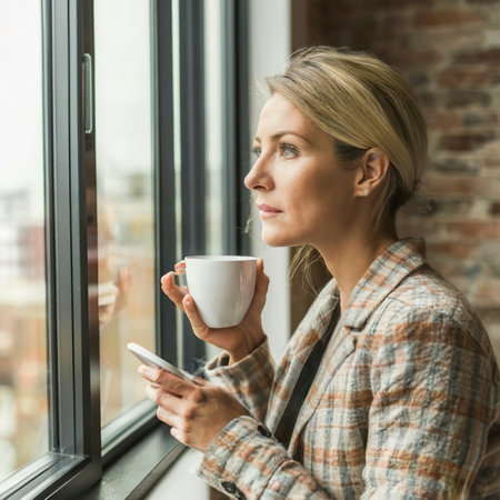 Beautiful blonde woman having a cup of coffee while looking out the windowの素材