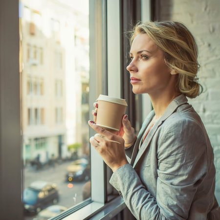 Beautiful blonde woman having a cup of coffee while looking out the windowの素材