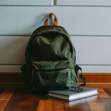 School backpack on the floorの素材