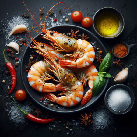 boiled shrimp with spices isolated on black backgroundの素材