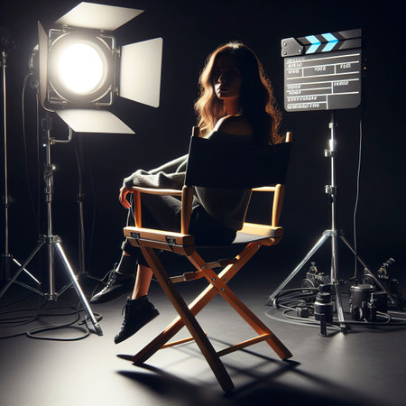 Black Director chair and studio light on black backgroundの素材