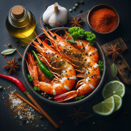 boiled shrimp with spices isolated on black backgroundの素材
