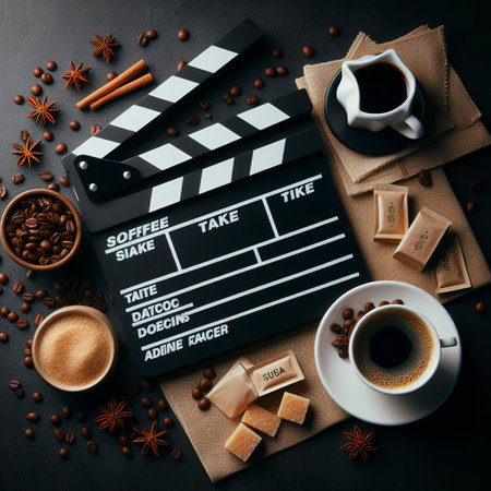 Black Clapper board and hot coffee white cup and two brown sugar sachet  on black backgroundの素材