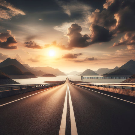 pavement asphalt road view leads to the horizon at Pasak Chonlasit Dam in Lopburi, Thailandの素材