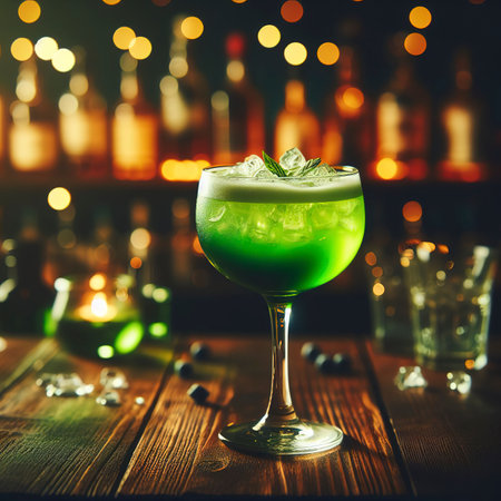 midori sour cocktail glass on wooden bar counter at night, green liqour drink, fruit juice mixed with alcoholの素材