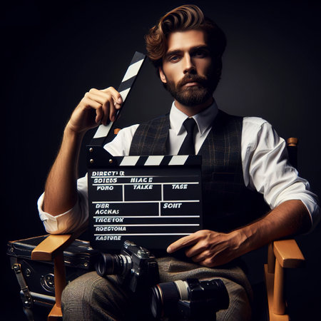 director chair and Clapperboard or movie slate use in video production ,film, cinema industry on black backgroundの素材