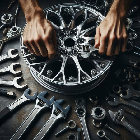 Hands disassembling a modern car wheel (steel rim) with a lug wrench for change wheelの素材