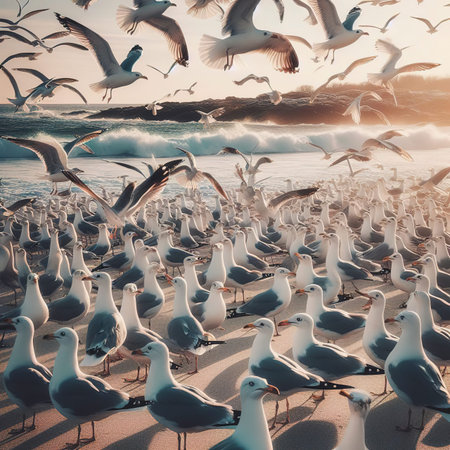 large flock of seagulls on the beach in rhode islandの素材