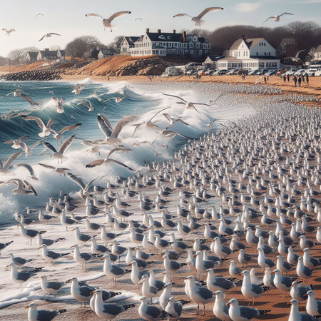 large flock of seagulls on the beach in rhode islandの素材