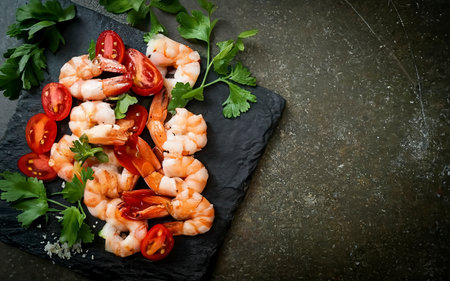 boiled shrimp on a stone board with tomatoes and parsleyの素材