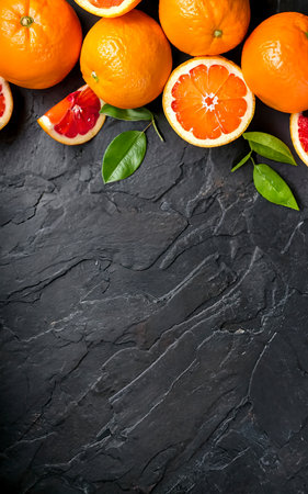 The smell of fresh oranges. On black rustic backgroundの素材